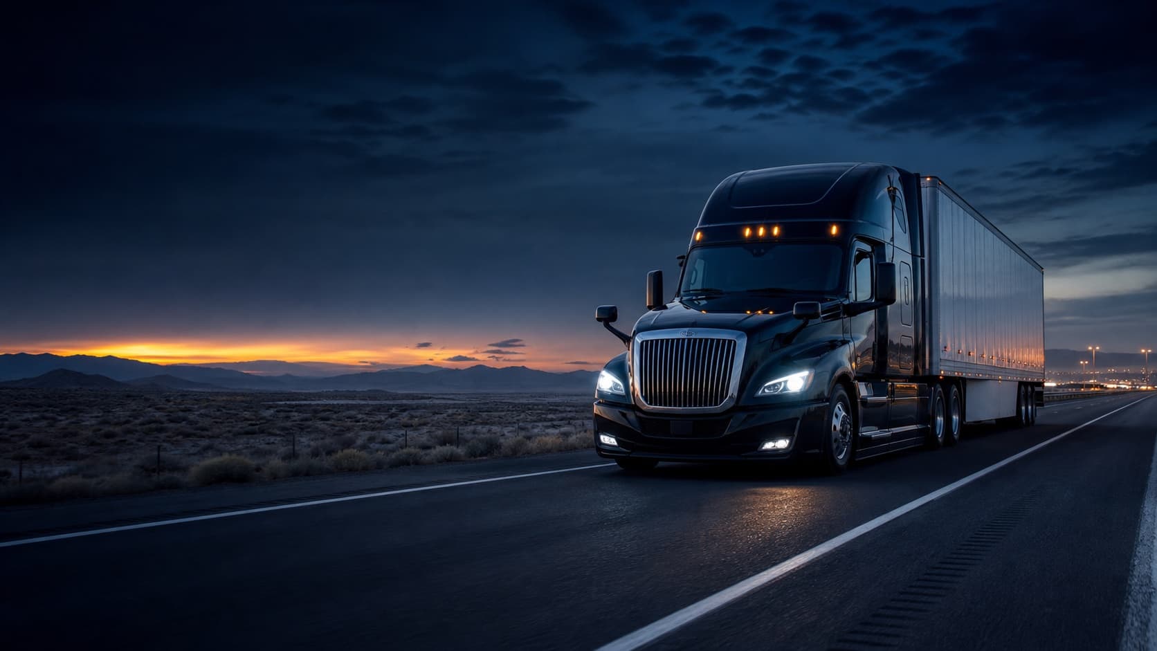 Black semi truck traveling an open highway at blue hour